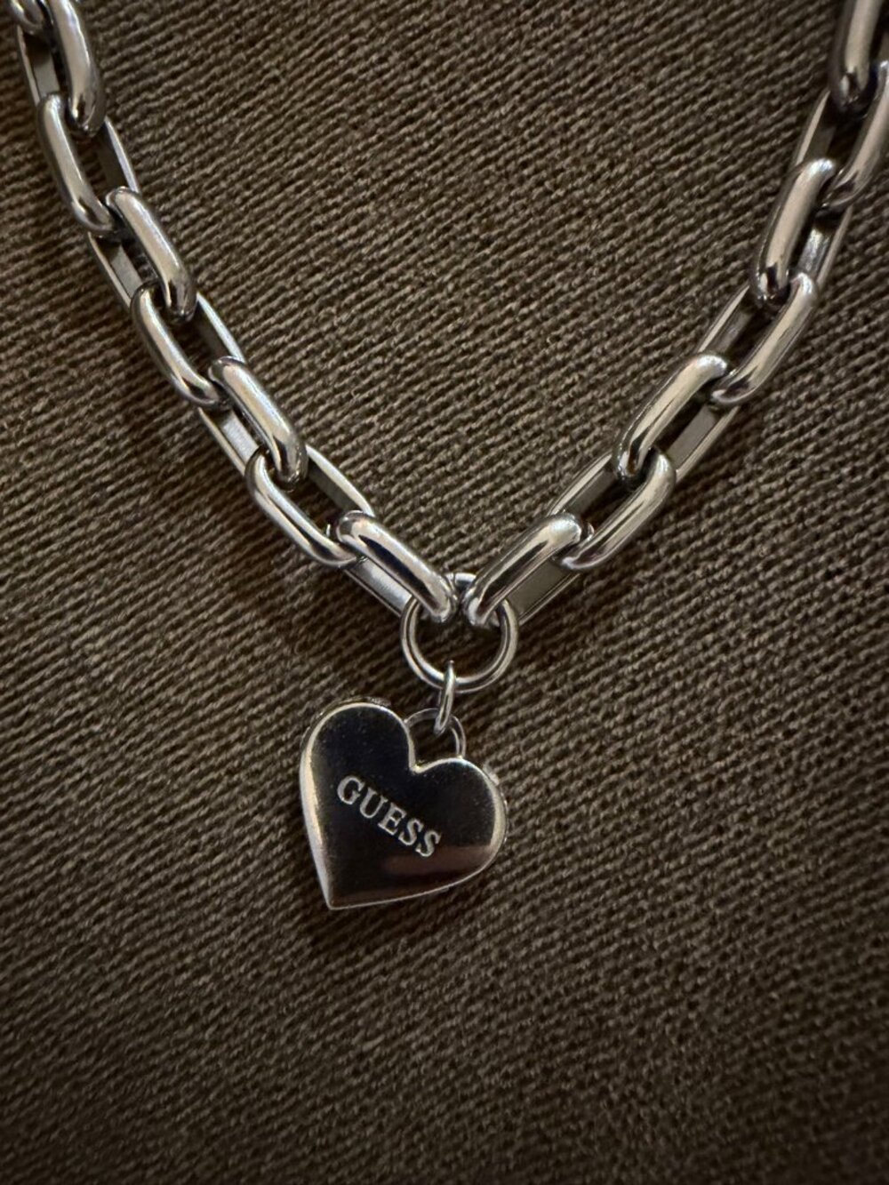 Guess Silver-Tone Heart Pendant Chain Necklace